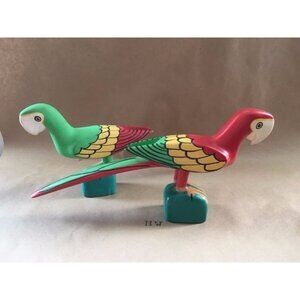 Parrots Pair Wooden FOLK ART Carved Marked JUAN PUELLO R.D. Set Of 2